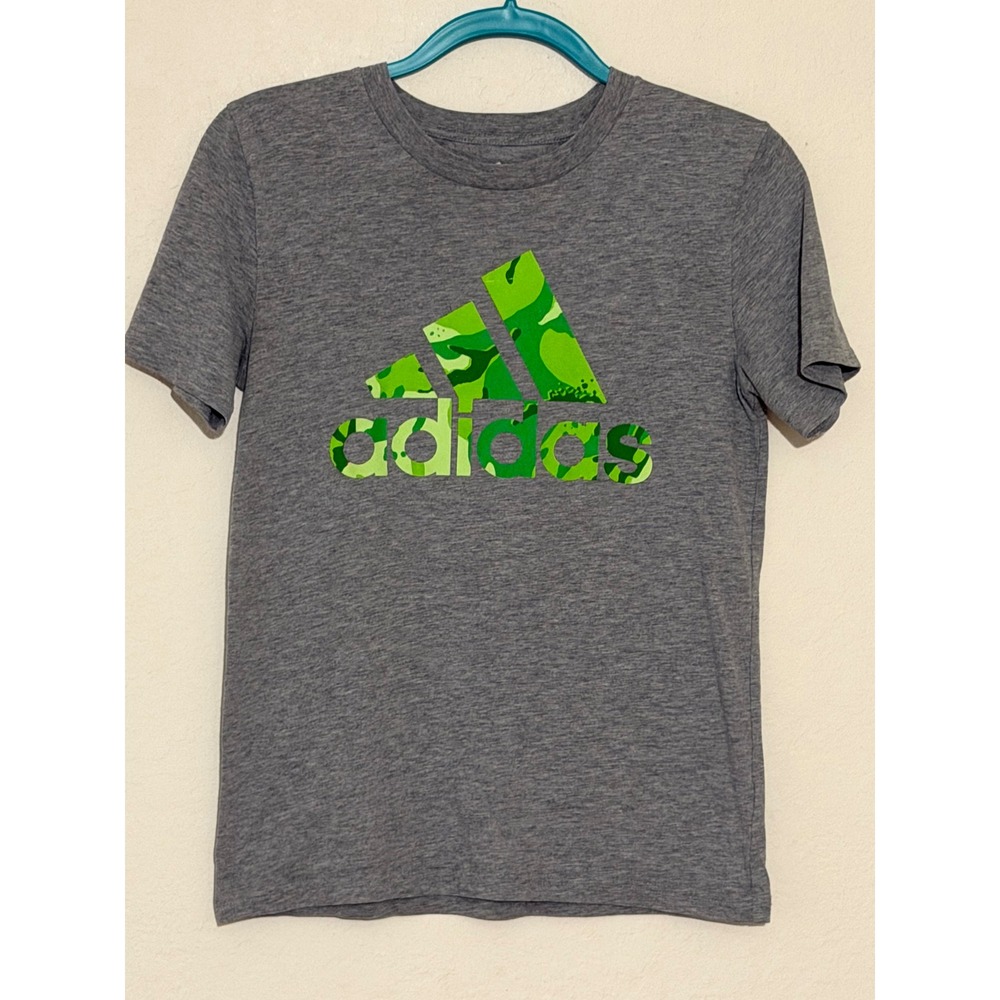 Adidas Boys Grey Green Camo Logo Graphic T-Shirt Size M 10/12 AA6882